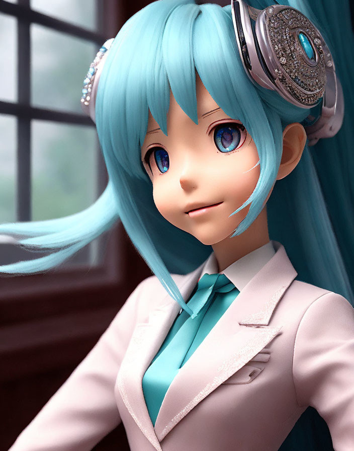 Smiling anime-style girl with turquoise hair and headphones in 3D render