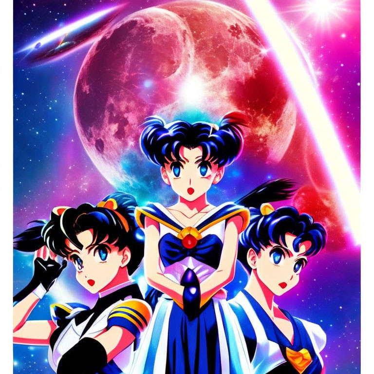 Three female anime characters in colorful sailor uniforms under a red moon with comet and stars in vivid space background