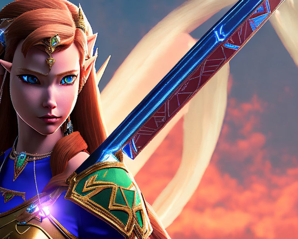 Fantasy 3D illustration of blue-eyed elven warrior in ornate blue and gold armor