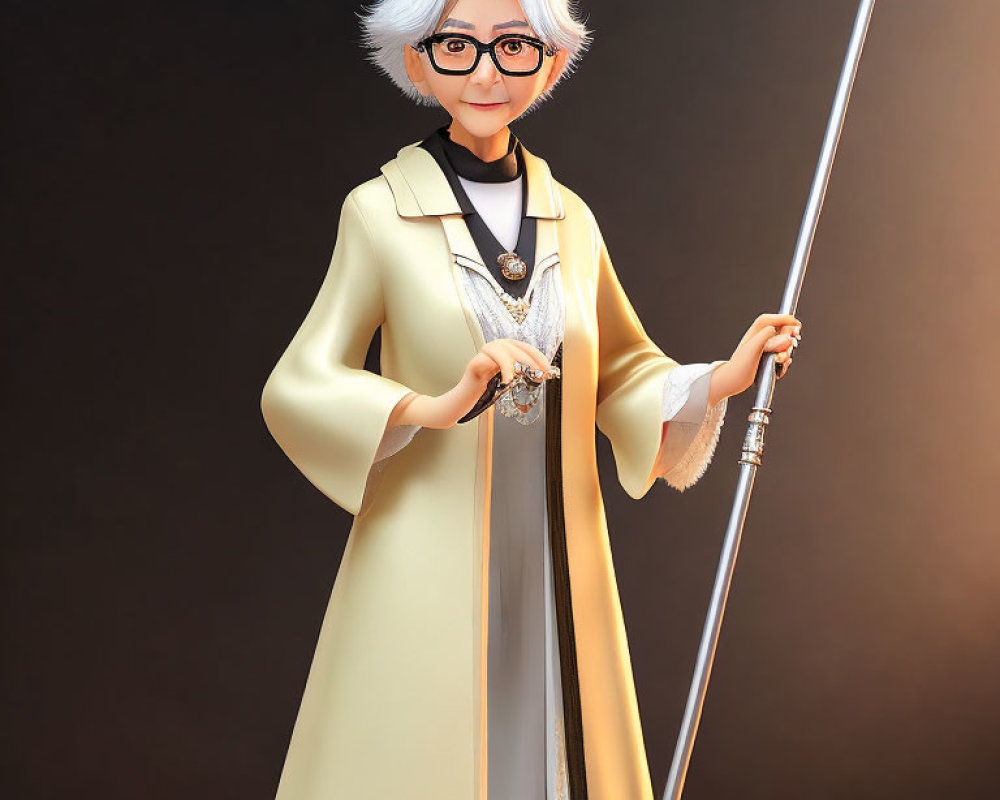 Elderly Woman with White Hair and Glasses Holding Staff