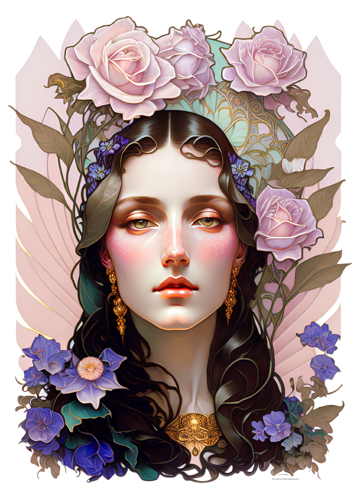 Detailed illustration: Woman’s face with pink roses, blue flowers, ornamental patterns, and pastel