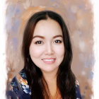 Smiling woman with pink roses, blue flowers, and gold jewelry.