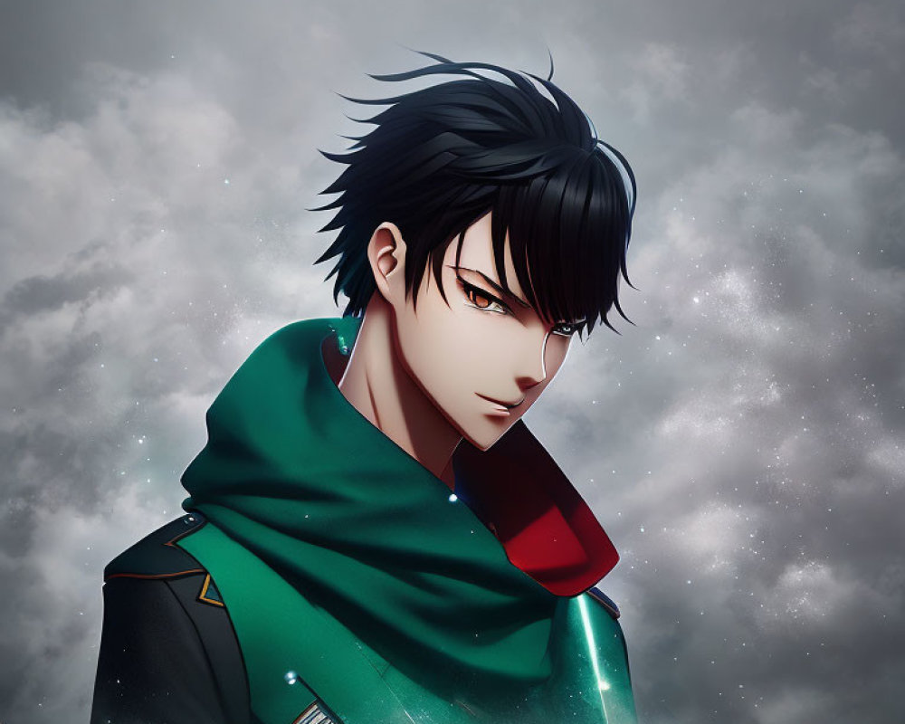 Stylized animated male character with black hair and piercing eyes in green and red scarf on starry