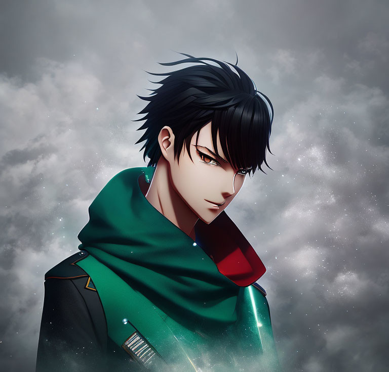 Stylized animated male character with black hair and piercing eyes in green and red scarf on starry