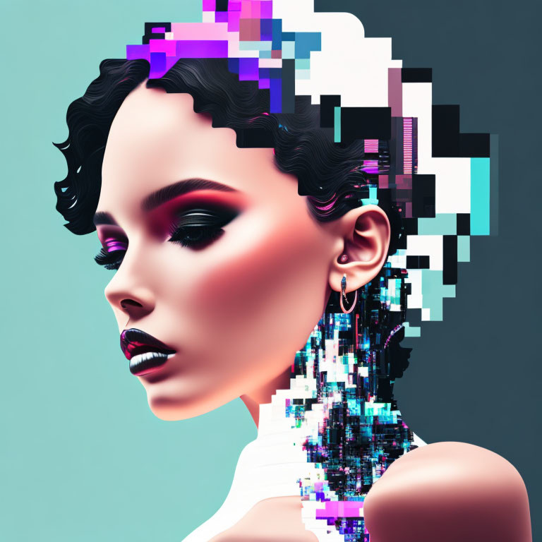 Digital artwork: Woman with pixelated effect blending human features and digital art