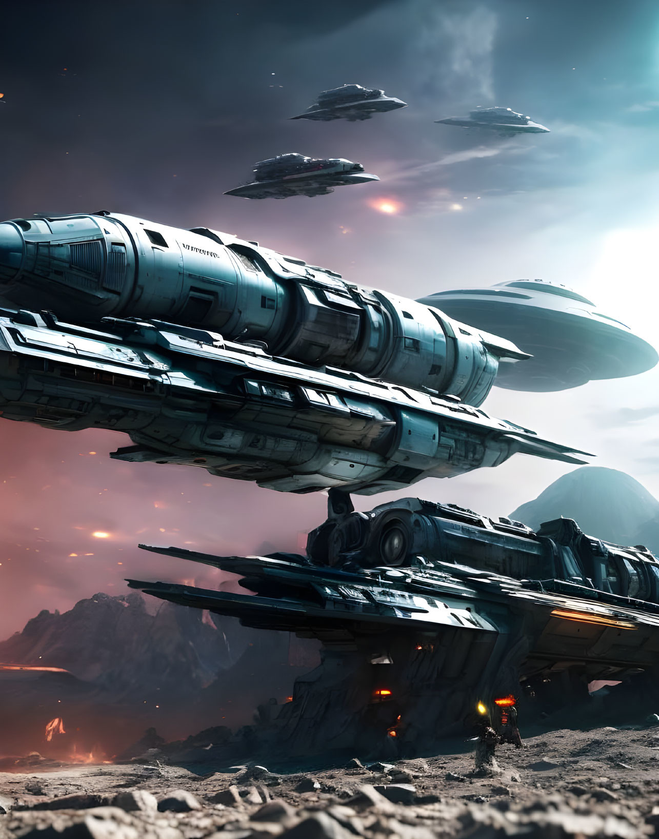 Multiple large spaceships flying over a barren, rocky landscape under a dramatic sky with distant planets visible.