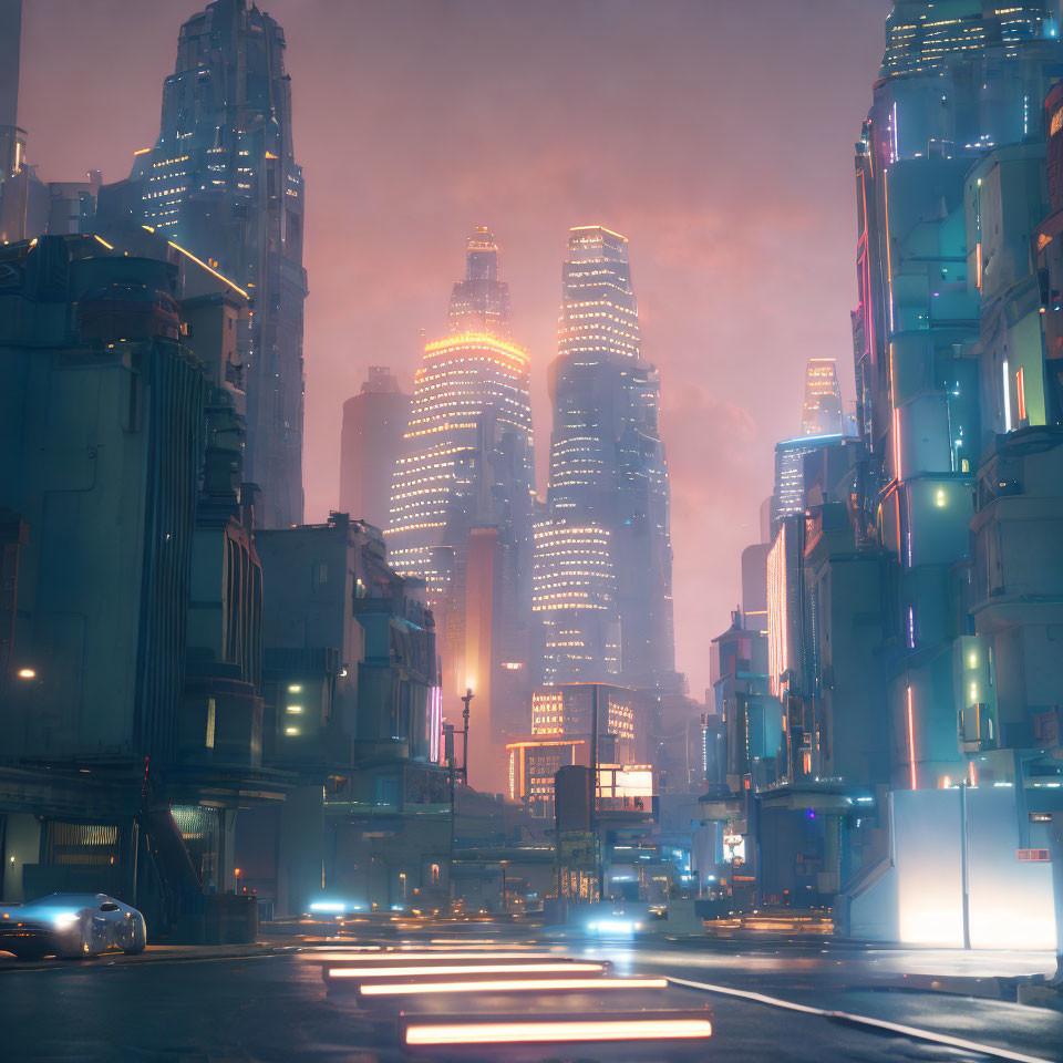 Futuristic neon-lit cityscape at dusk with misty skyscrapers