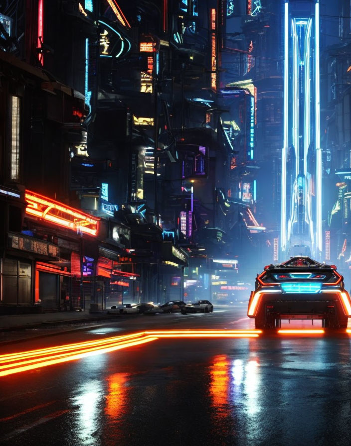 Futuristic city street at night with neon lights and high-tech car