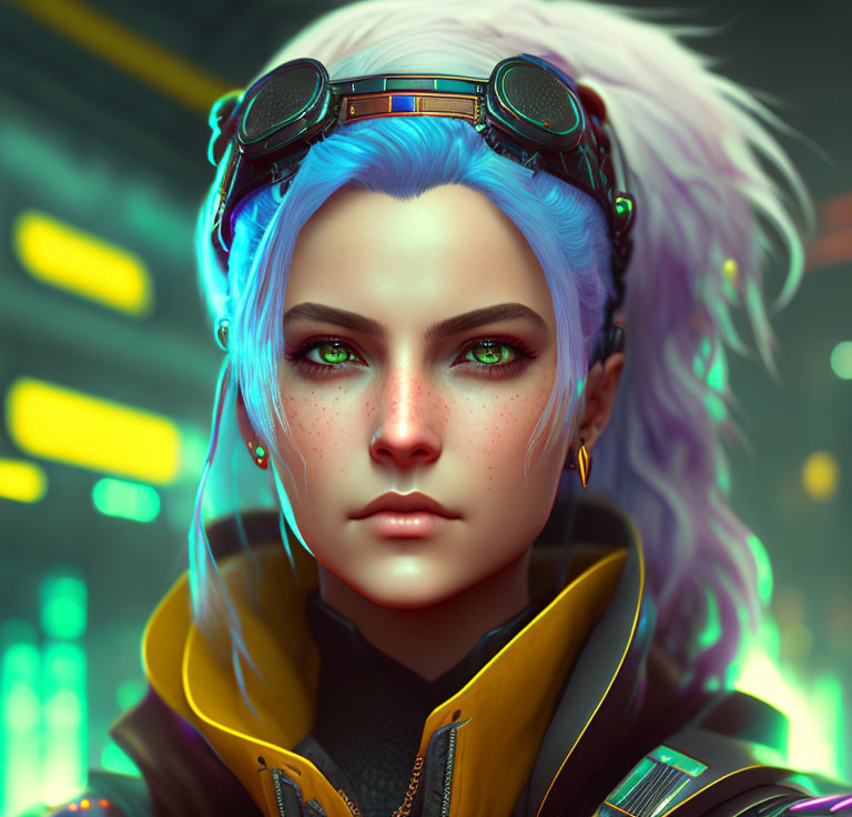 Portrait of young woman with green eyes, blue hair, futuristic goggles, and neon background