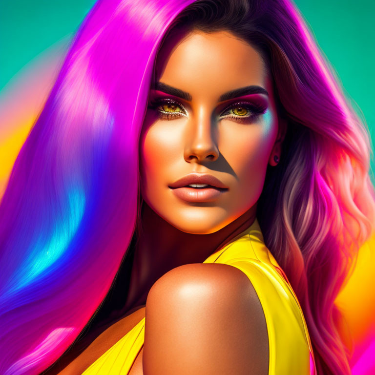 Vibrant neon-colored hair woman with yellow eye shadow portrait