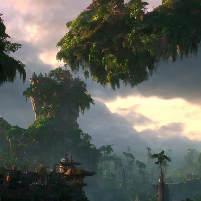 Lush greenery and ancient temples on mystical floating islands at sunrise