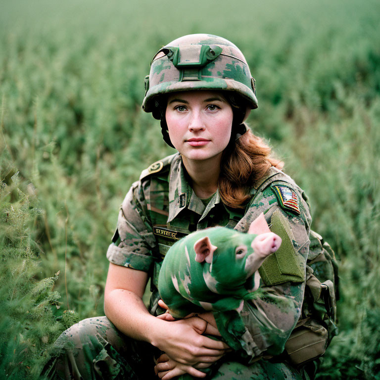 Woman in Camouflage Holding Camo Piglet in Green Field