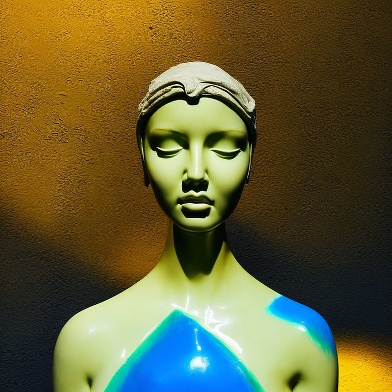 Stone-like mannequin bust with headband on orange background, lit with blue and yellow hues