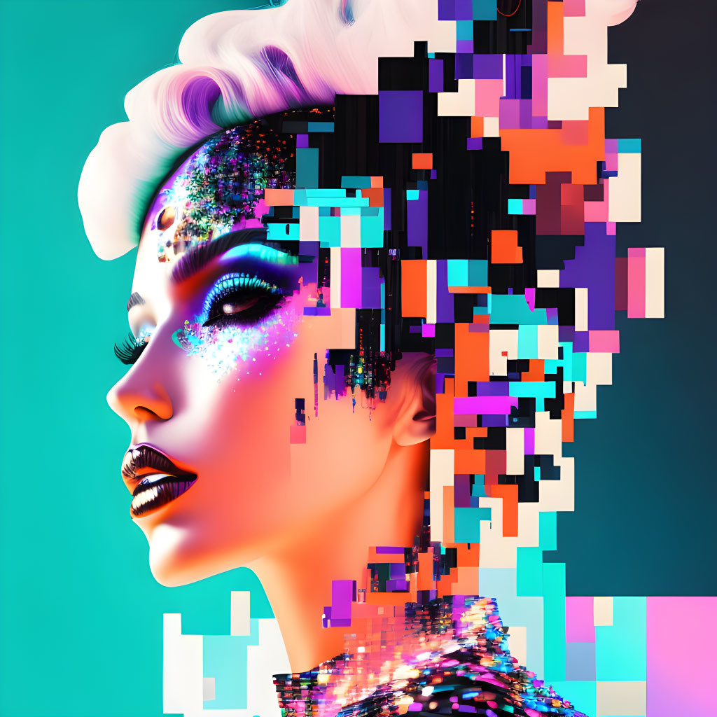 Fragmented Pixelated Digital Portrait of Woman on Turquoise Background