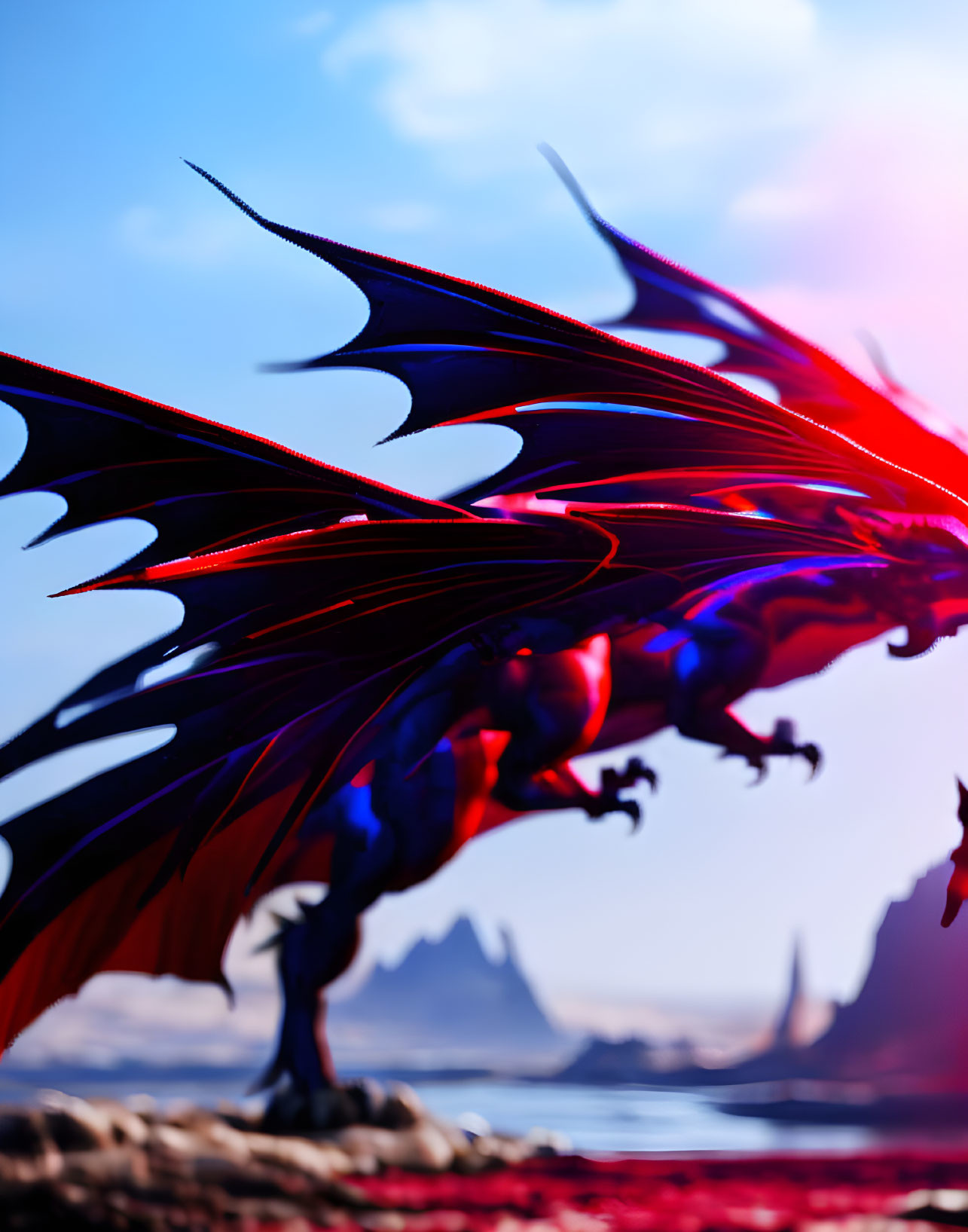 Colorful Dragon Artwork: Red and Blue Dragon with Wings in Dramatic Sky