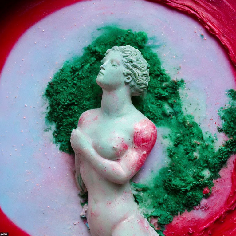 Female Figure Sculpture in Vibrant Pink and Teal Blue Powdered Background