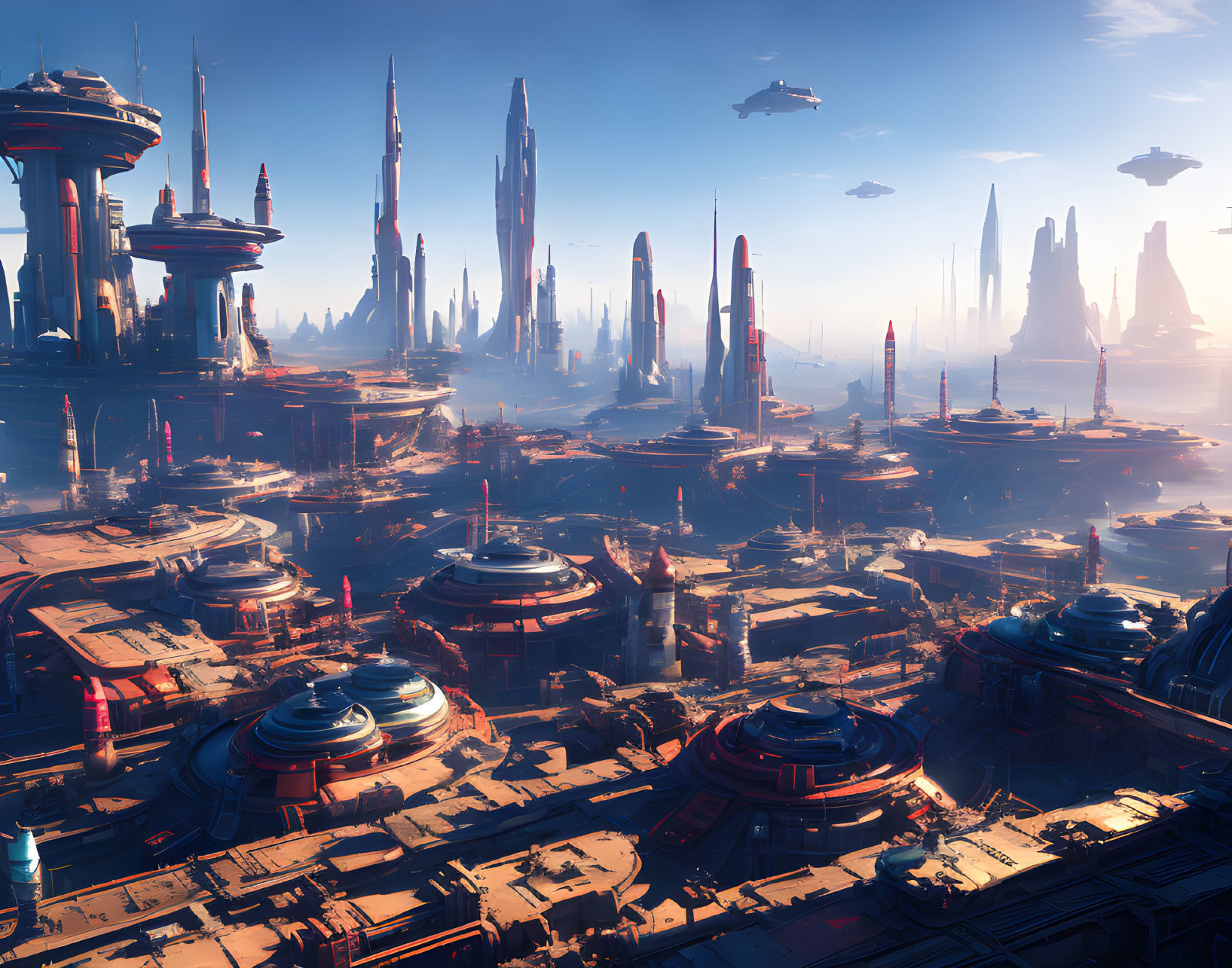 Futuristic cityscape with skyscrapers and flying vehicles