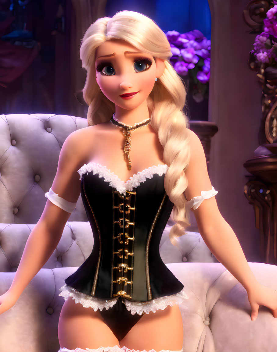 Animated character with braid in corset on Victorian sofa