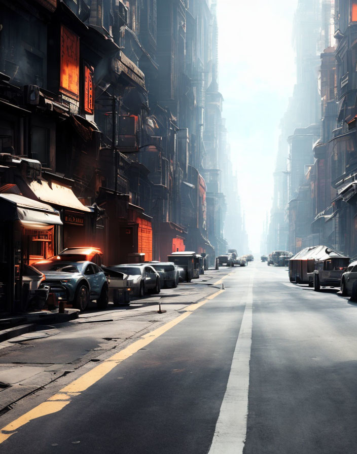 Sunlit Urban Street with Tall Buildings and Glowing Red Signs