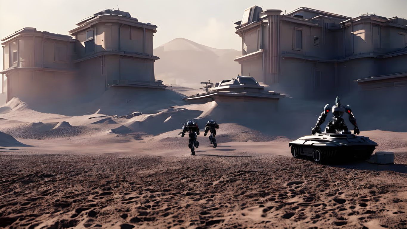 Futuristic soldiers in armor with hovercraft in desert landscape