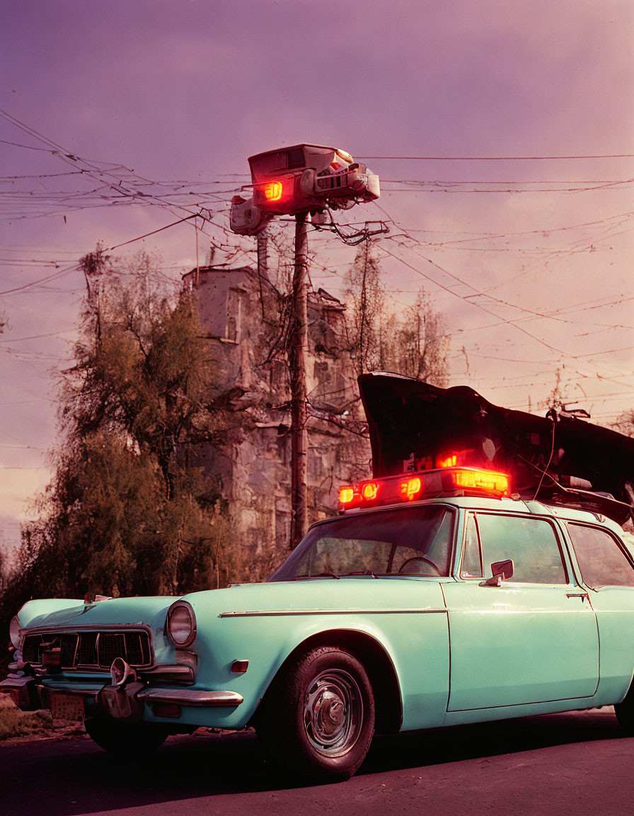 Vintage teal car with red light, wires, brick building, and floating red car