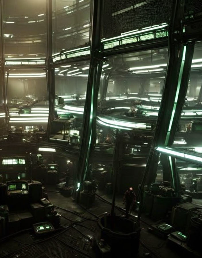 Futuristic industrial interior with green lighting and solitary figure