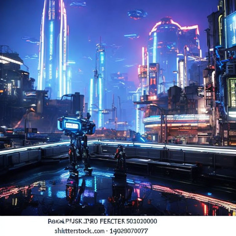 Futuristic night cityscape with neon lights, skyscrapers, large robot, and figures.