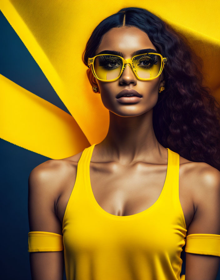 Curly-Haired Woman in Yellow Sunglasses and Top on Blue and Yellow Background