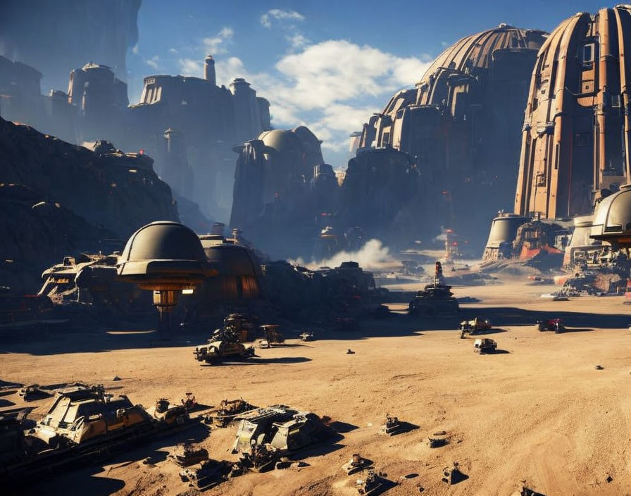 Futuristic sci-fi desert base with buildings, vehicles, cliffs, and blue sky