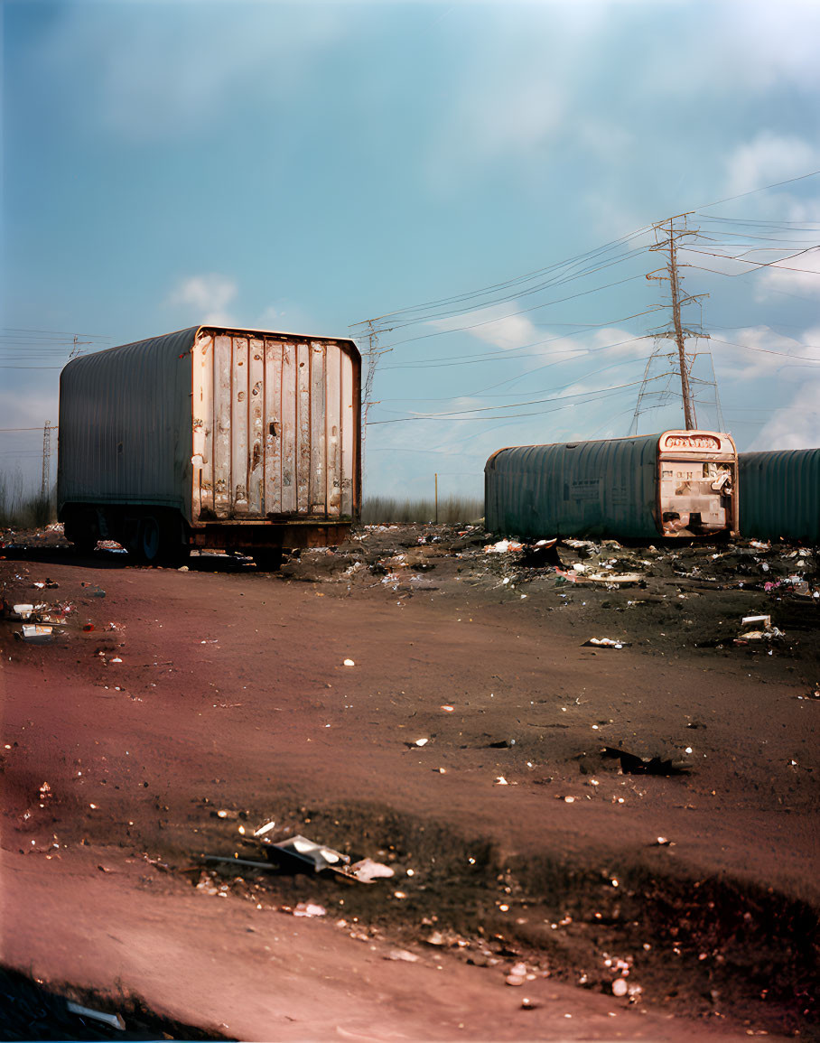 Deserted landscape with rusting trailers and litter under hazy sky