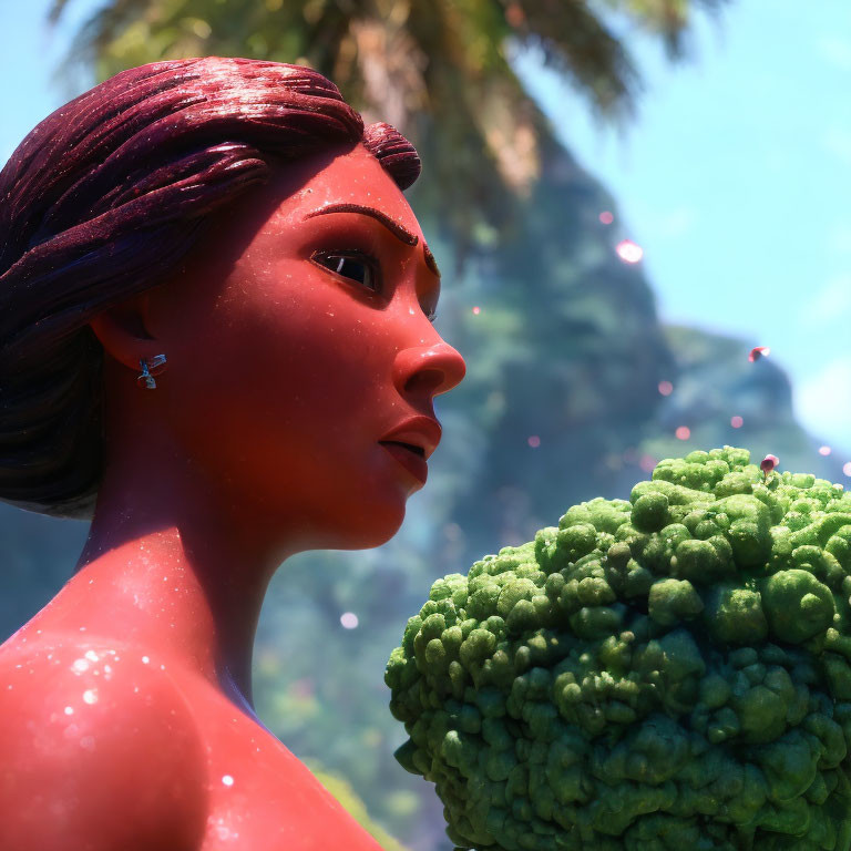 3D-rendered image of woman with red hair holding broccoli in tropical setting