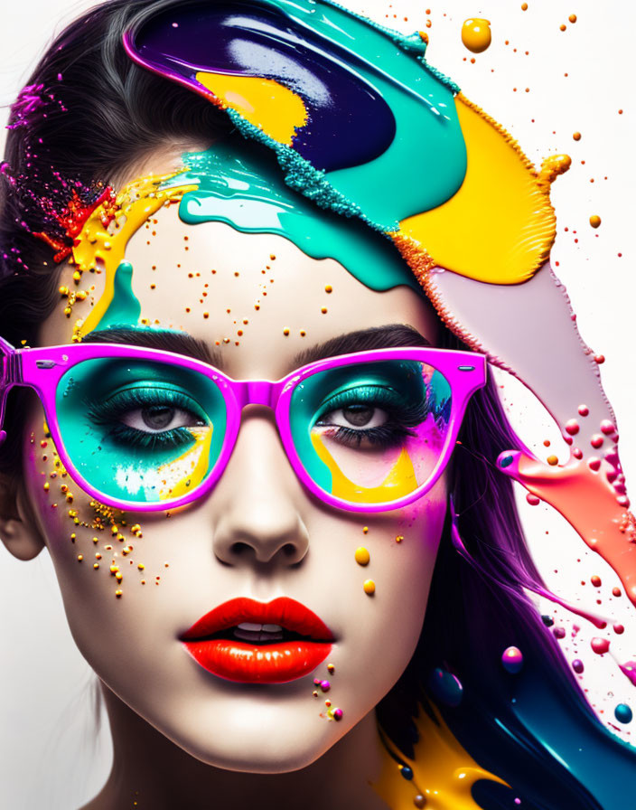 Woman with Vibrant Makeup and Glasses Adorned with Colorful Paint Splatters and Gold Glitter