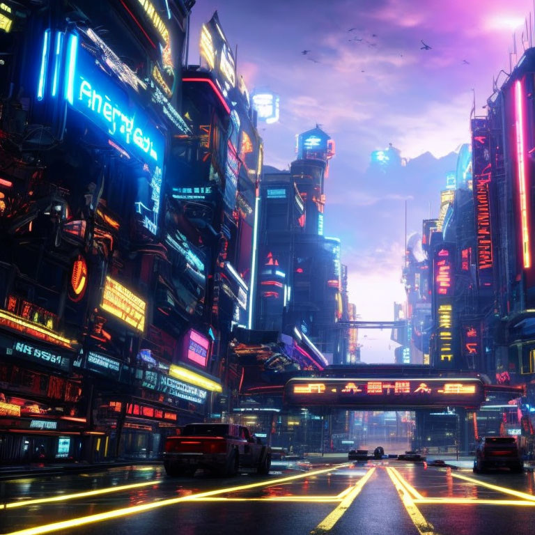 Futuristic cyberpunk cityscape with neon lights and skyscrapers