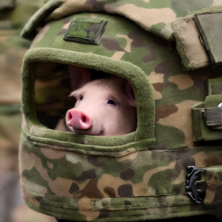 Camouflaged military-style carrier with plush green interior and piglet peeking out