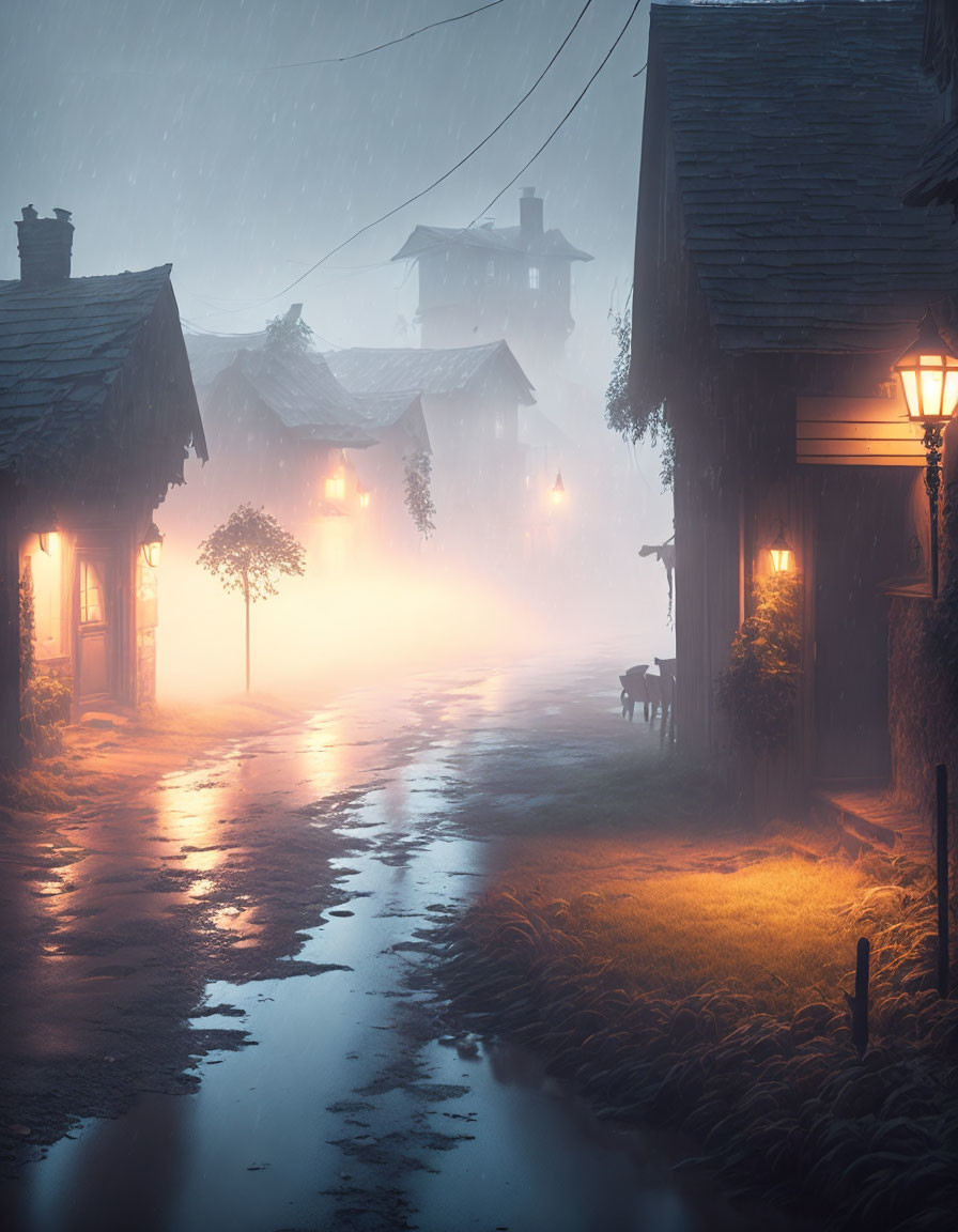 Misty cobblestone street at night with lone deer under rainy sky