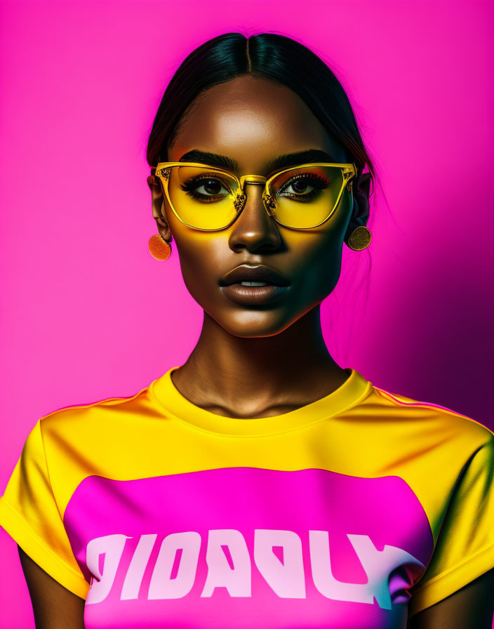 Woman in yellow-framed glasses and earrings on pink background with bold text.