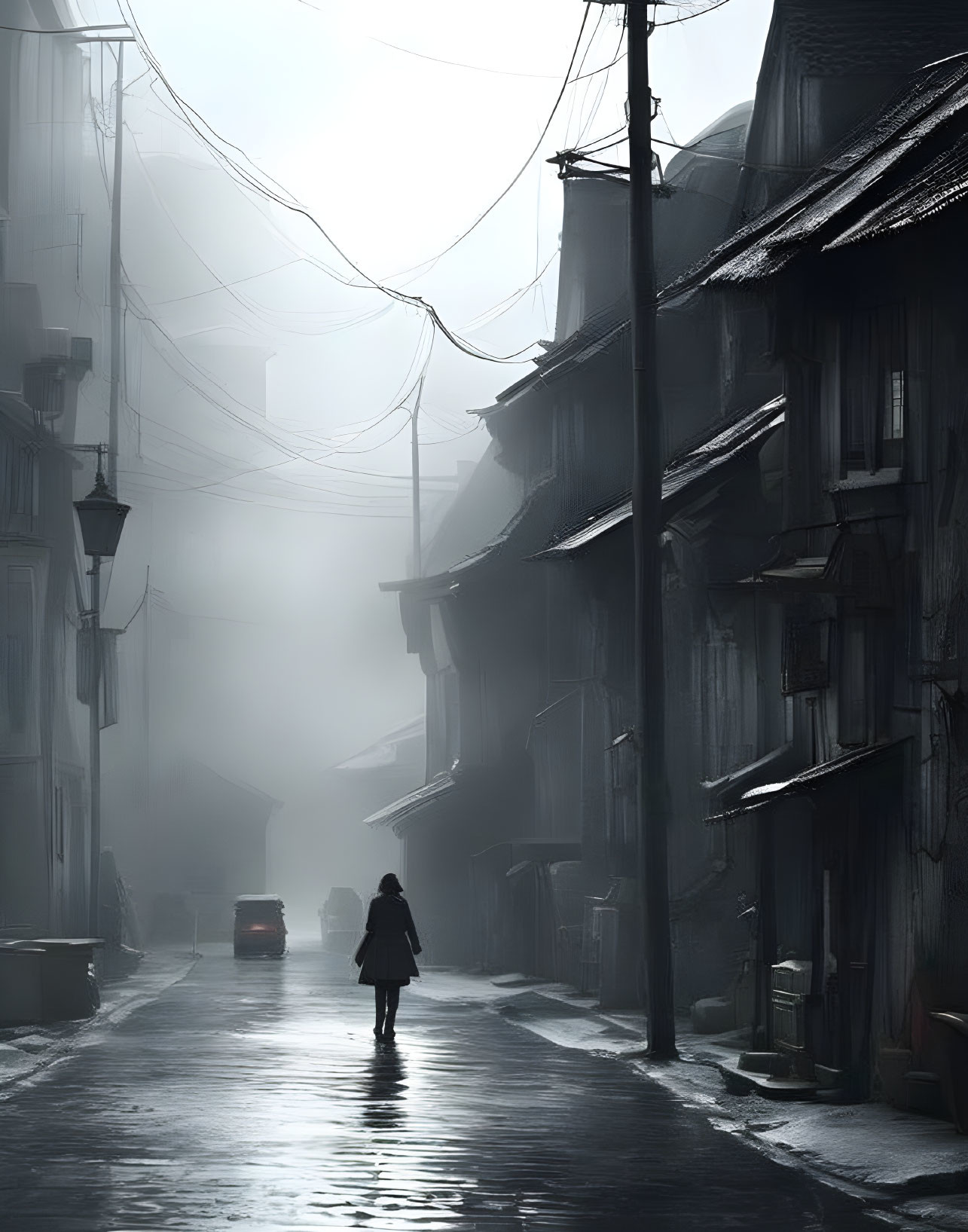 Person in misty narrow street with old buildings and vehicle silhouette.