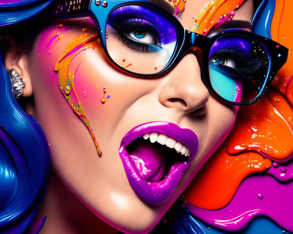 Colorful portrait of a woman with paint splashes, blue eyeshadow, magenta lips,