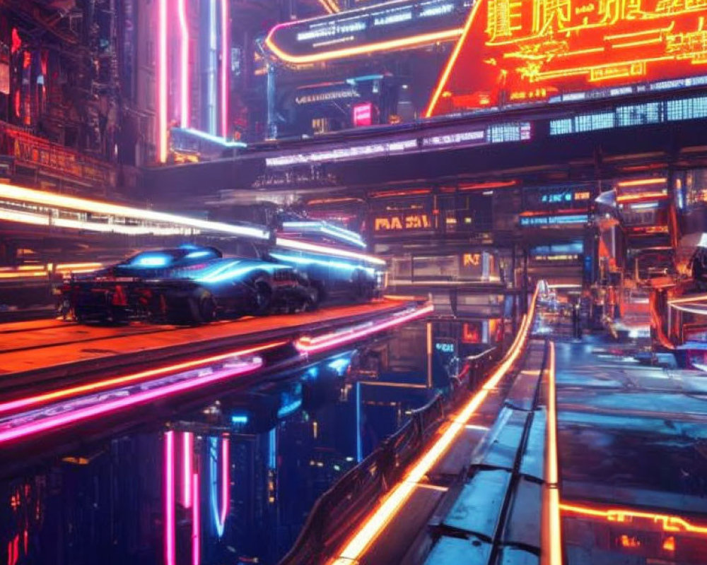 Futuristic night cityscape with neon lights, flying car, and glowing Asian billboards