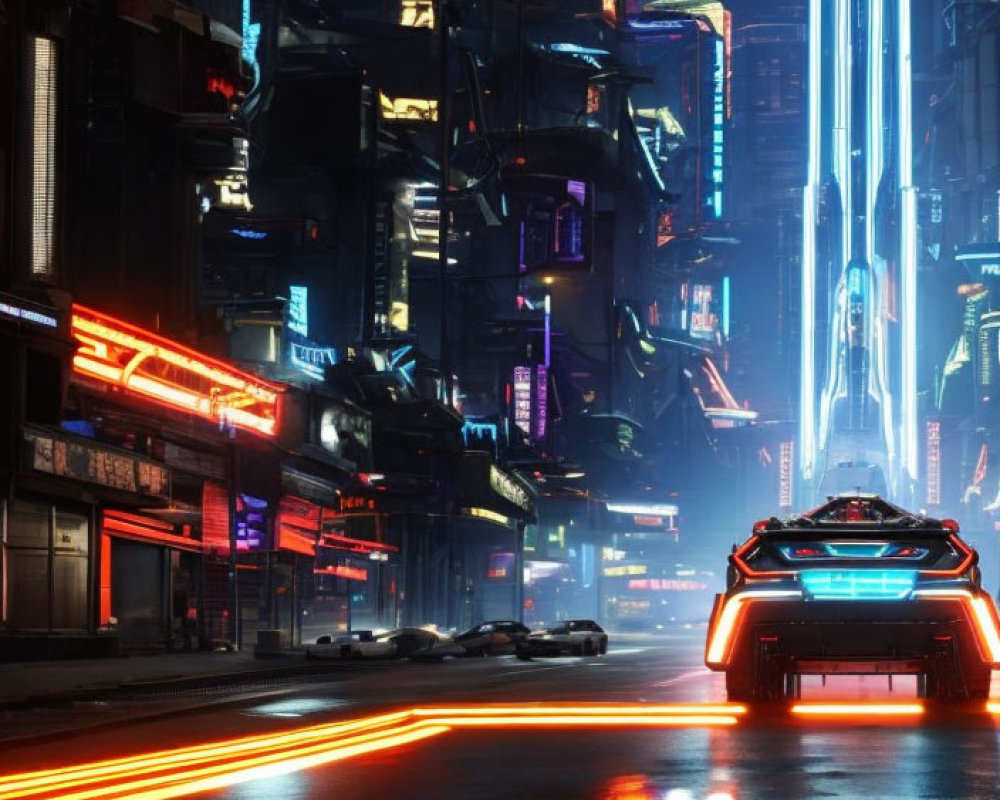 Futuristic city street at night with neon lights and high-tech car