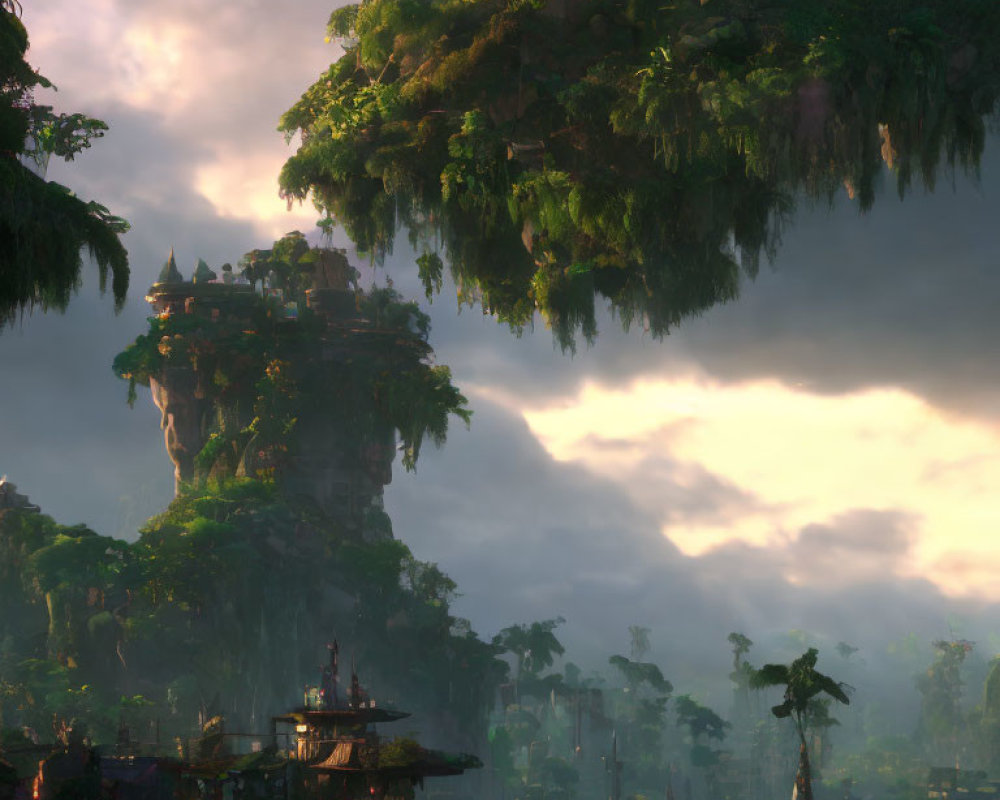 Lush greenery and ancient temples on mystical floating islands at sunrise