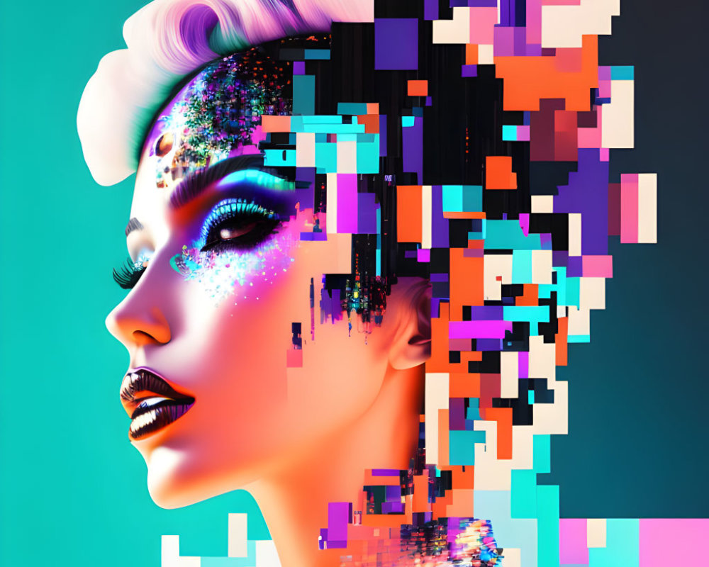 Fragmented Pixelated Digital Portrait of Woman on Turquoise Background