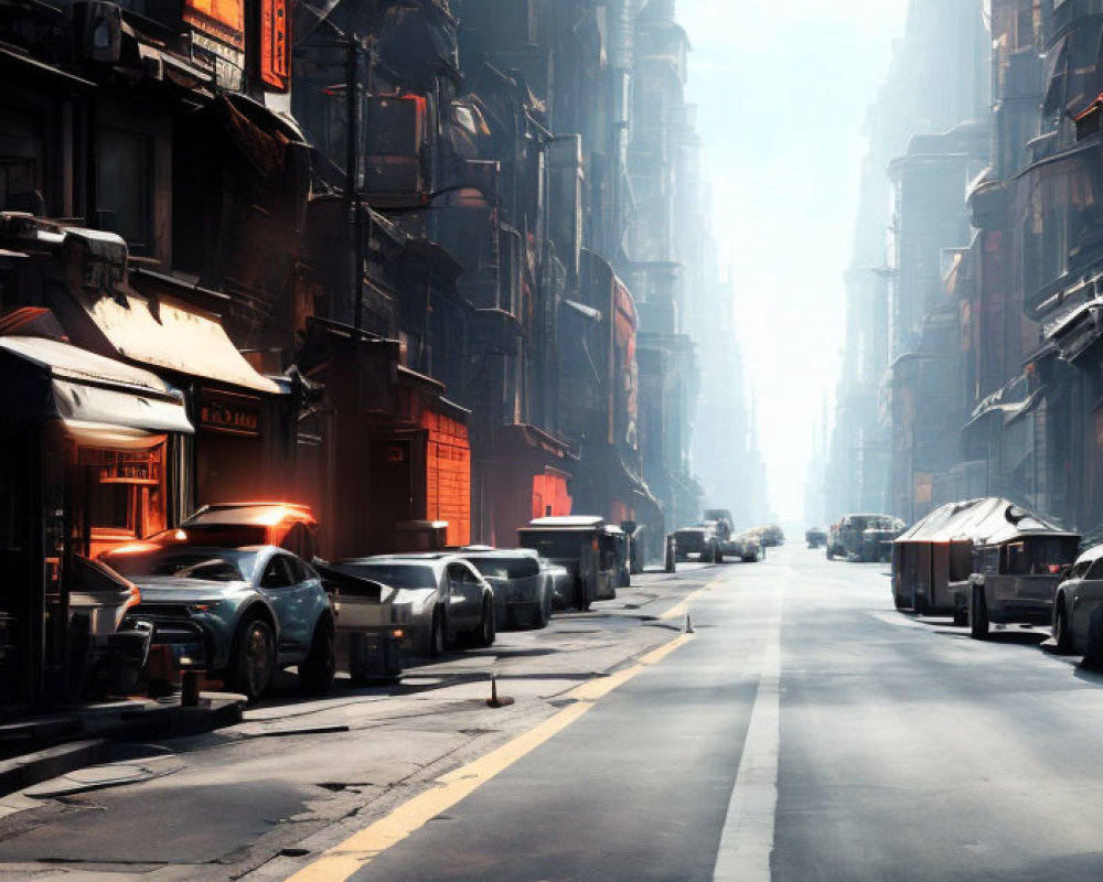 Sunlit Urban Street with Tall Buildings and Glowing Red Signs