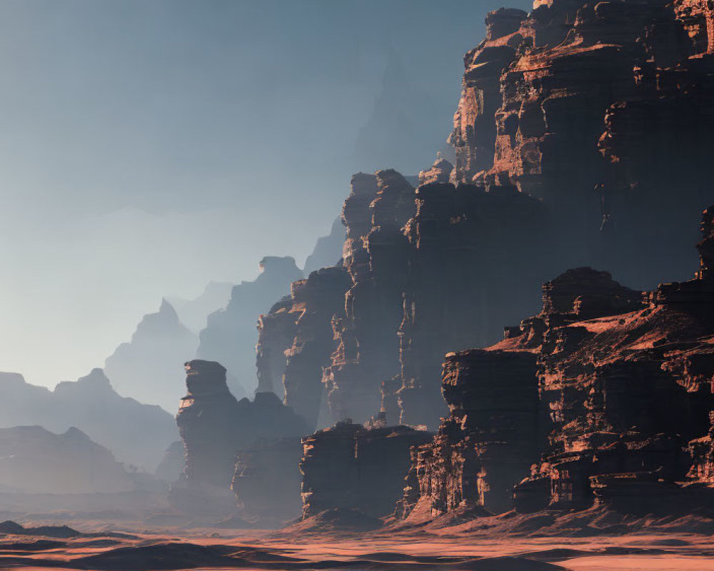 Desert landscape with towering rock formations and soft light casting shadows