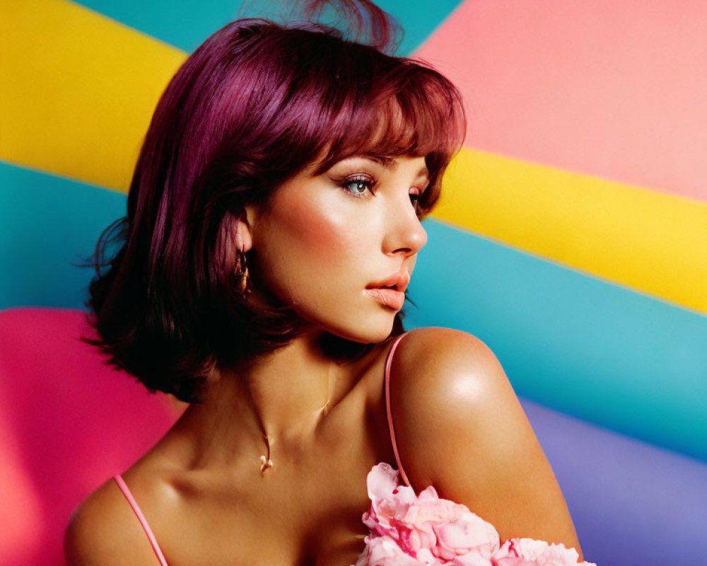 Pink-haired woman with roses on vibrant multicolored background