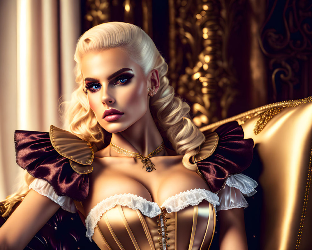 Digital artwork: Woman with platinum blonde hair, blue eyes, dramatic makeup, gold and white corset