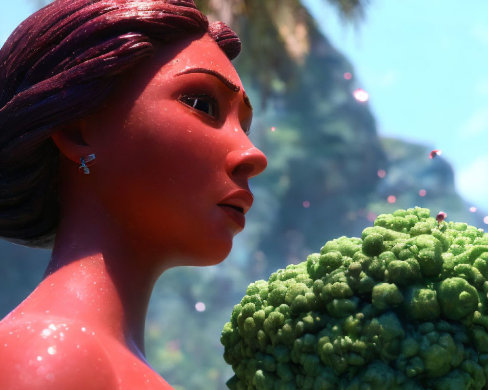 3D-rendered image of woman with red hair holding broccoli in tropical setting