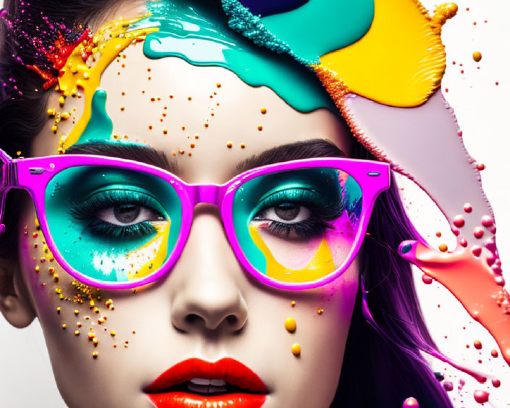 Woman with Vibrant Makeup and Glasses Adorned with Colorful Paint Splatters and Gold Glitter