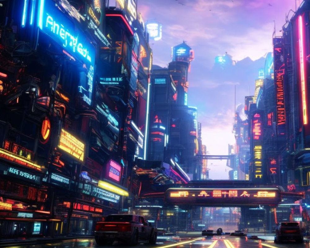 Futuristic cyberpunk cityscape with neon lights and skyscrapers