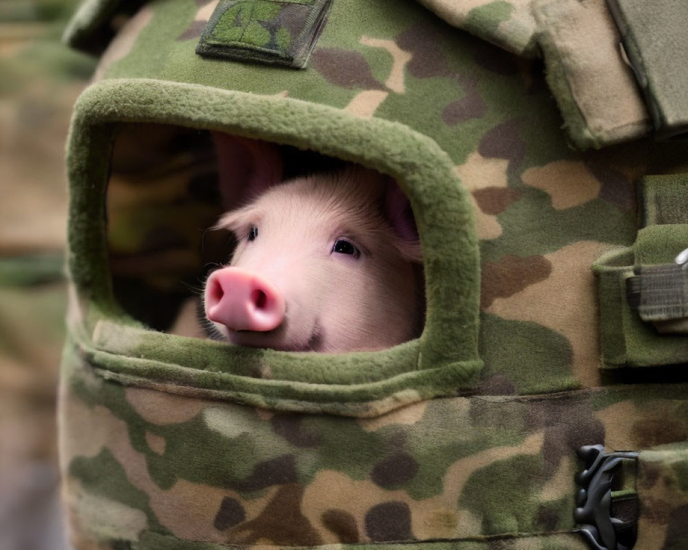 Camouflaged military-style carrier with plush green interior and piglet peeking out